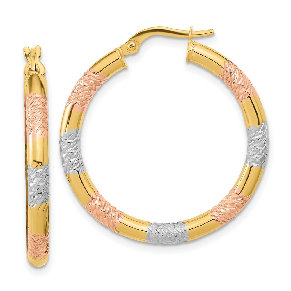 14k Tri-Color Gold Diamond-cut 3mm x 30mm Hoop Earrings