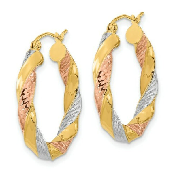 14k Tri-color Polished & Diamond-cut Twist Hoop Earrings