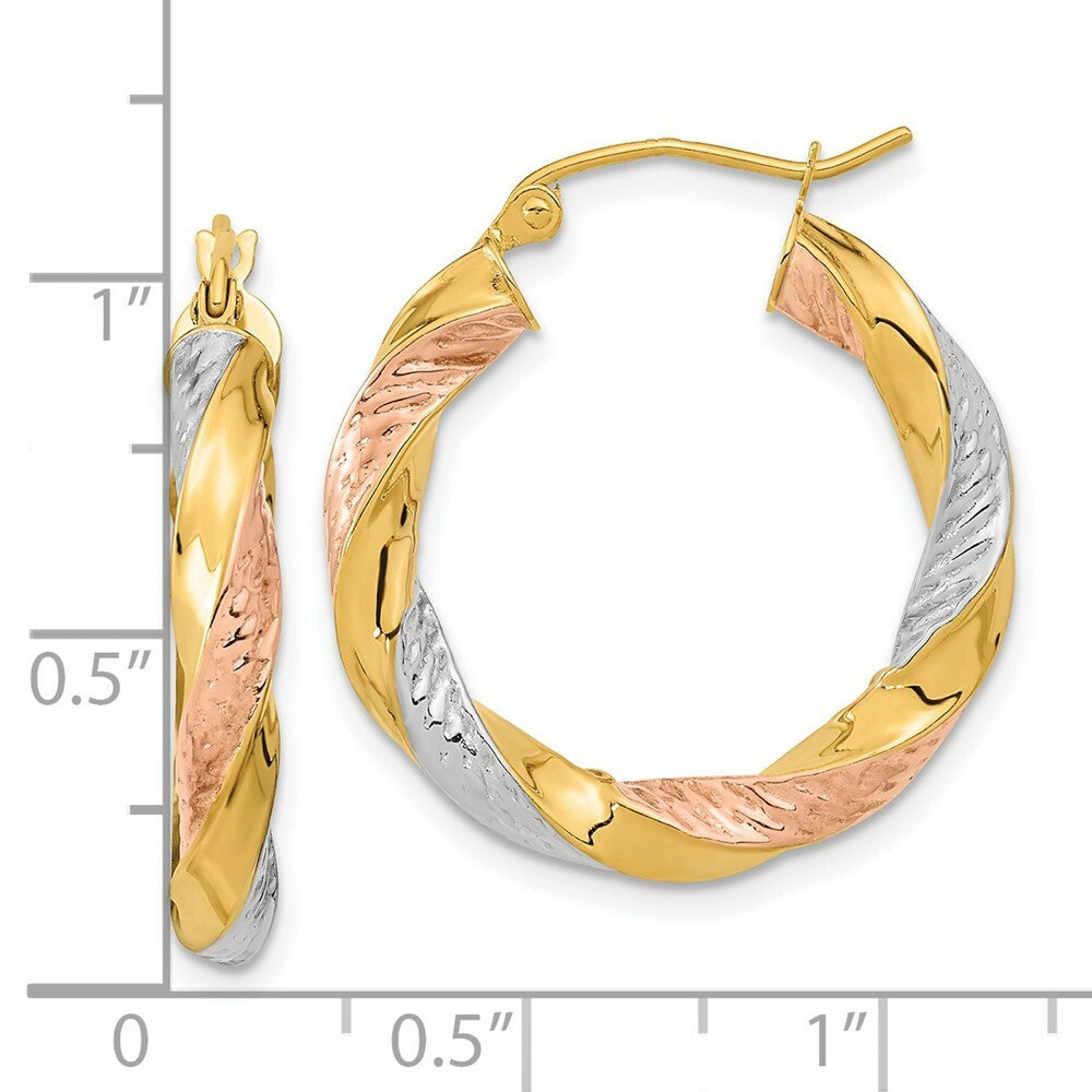14k Tri-color Polished & Diamond-cut Twist Hoop Earrings