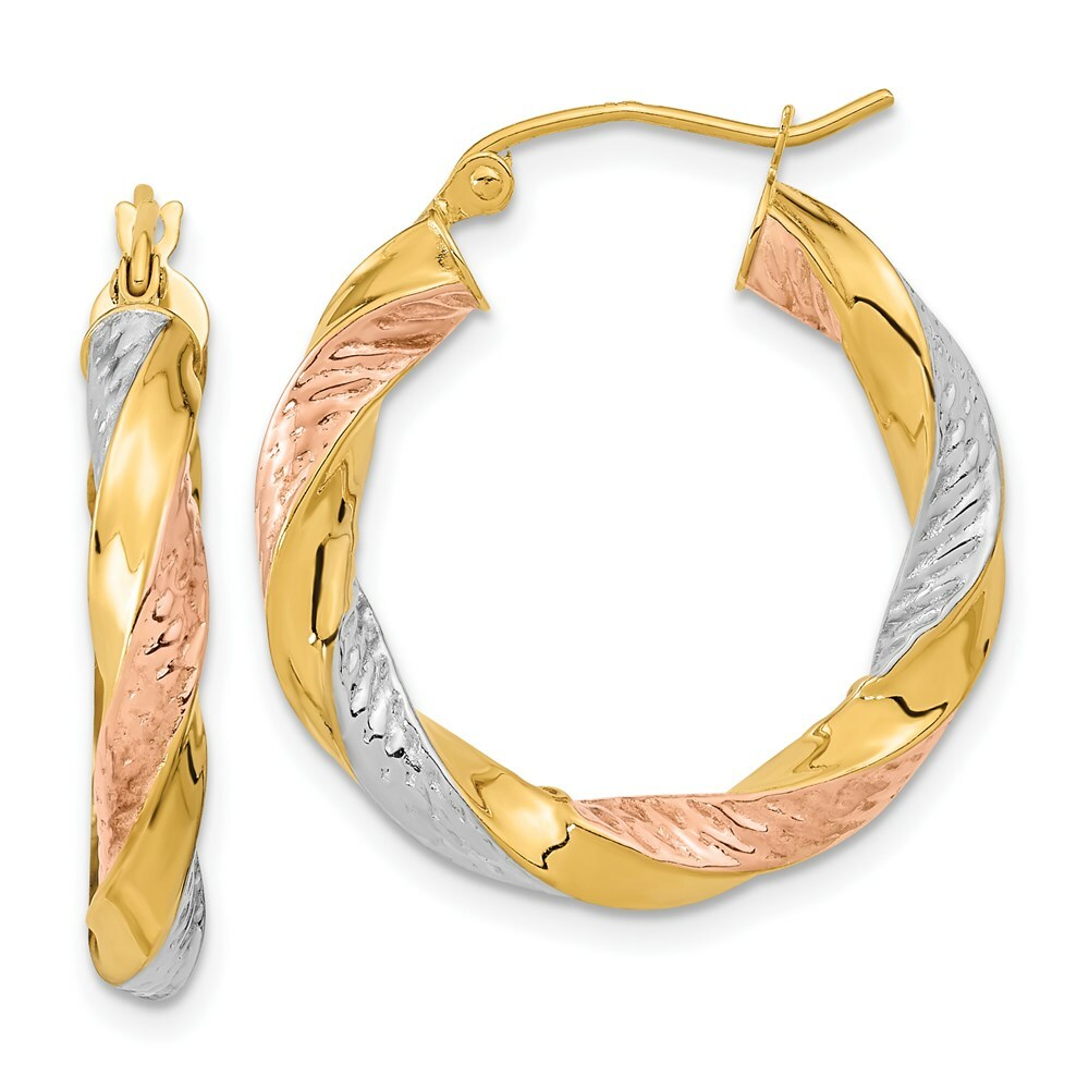 14k Tri-color Polished & Diamond-cut Twist Hoop Earrings