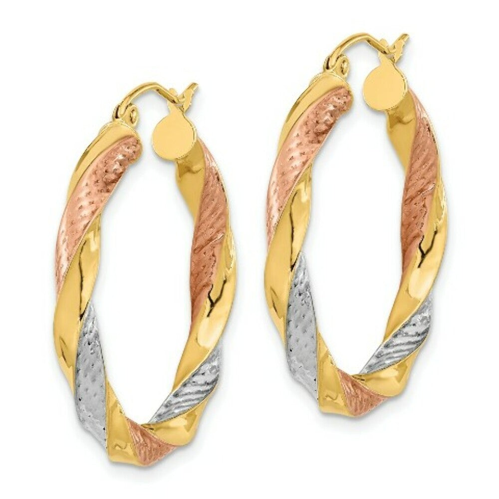 14k Tri-color Gold Polished & Diamond-cut Twist Hoop Earrings