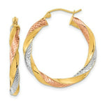 Load image into Gallery viewer, 14k Tri-color Gold Polished &amp; Diamond-cut Twist Hoop Earrings
