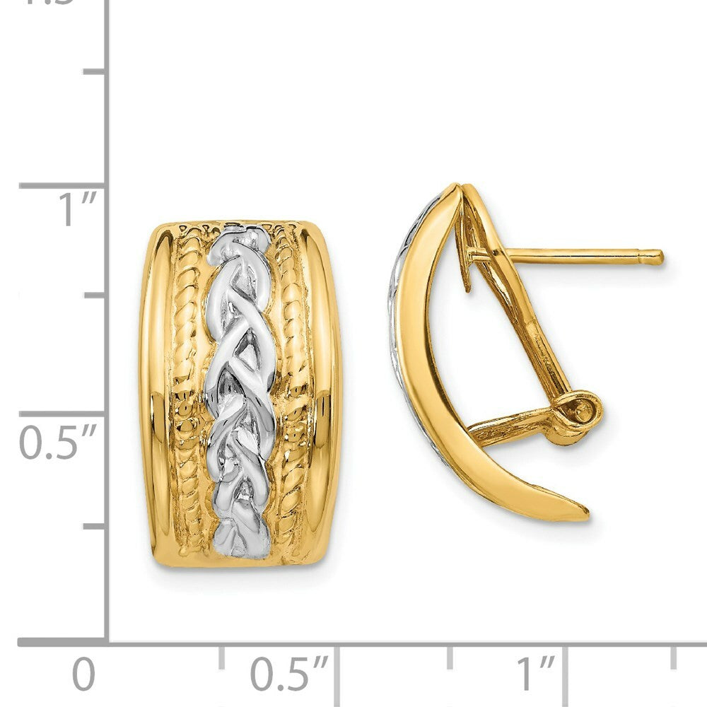 14K Yellow Gold Polished & Rhodium Omega Back Post Earrings  11.5mm width