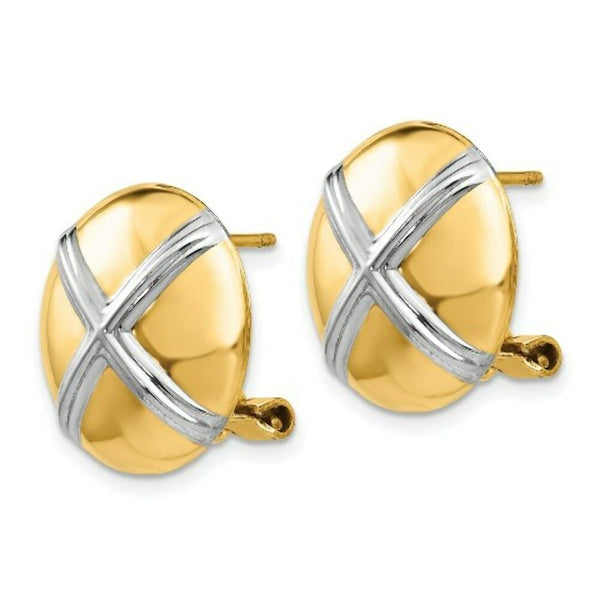 14K Yellow Gold Polished & Rhodium X Omega Back Post Earrings
