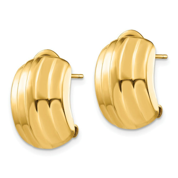 14K Yellow Gold Polished Ribbed Omega Back Post Earrings  12mm width