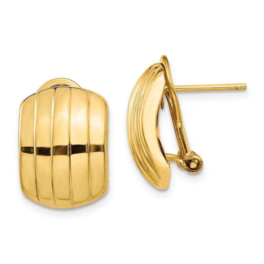 14K Yellow Gold Polished Ribbed Omega Back Post Earrings  12mm width