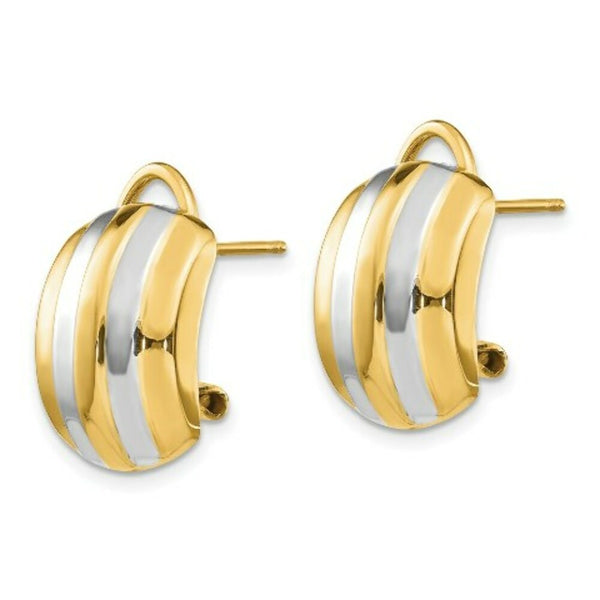 14K Yellow Gold & Rhodium Ribbed Omega Back Post Earrings  12mm width