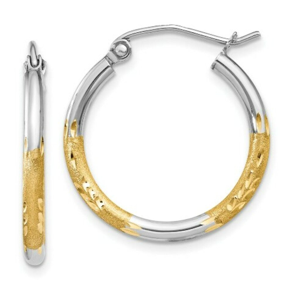 14K Yellow Gold & Rhodium 2mm Satin & Diamond-cut Hoop Earrings 17mm length