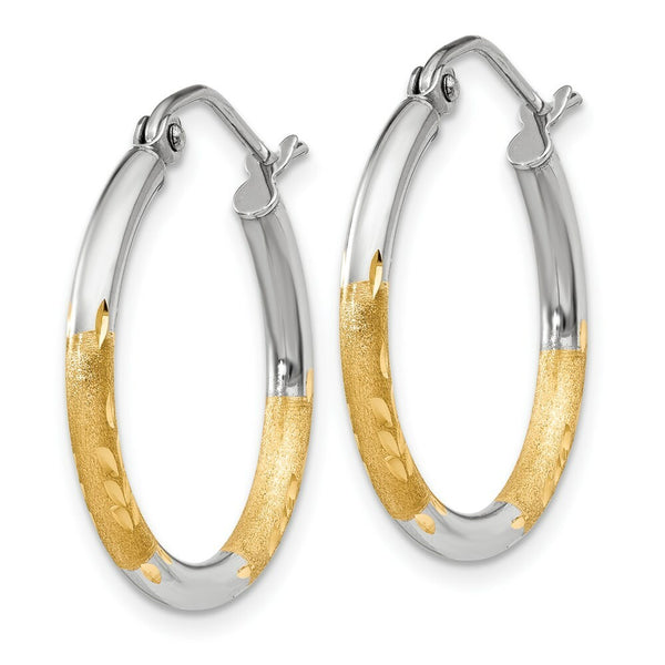 14K Yellow Gold & Rhodium 2mm Satin & Diamond-cut Hoop Earrings 17mm length