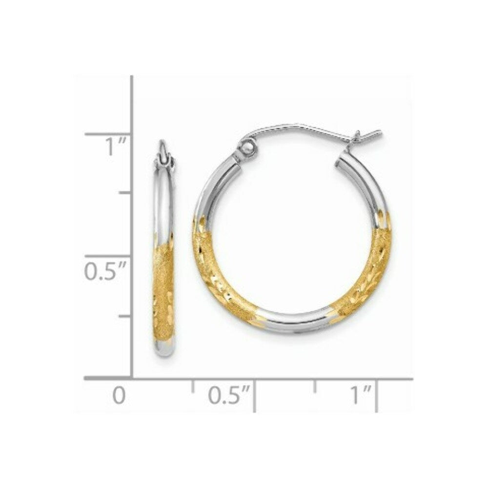 14K Yellow Gold & Rhodium 2mm Satin & Diamond-cut Hoop Earrings 17mm length