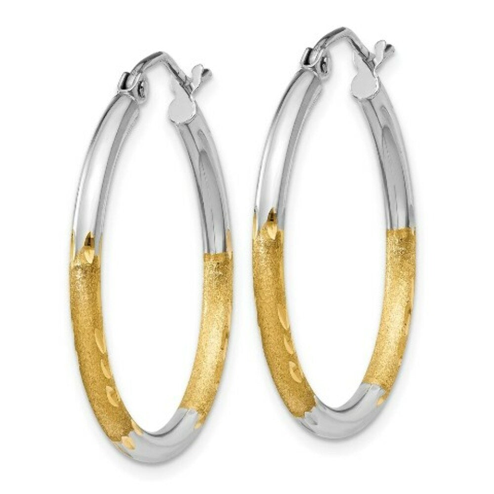 14K Yellow Gold & Rhodium 2mm Satin & Diamond-cut Hoop Earrings 20mm length