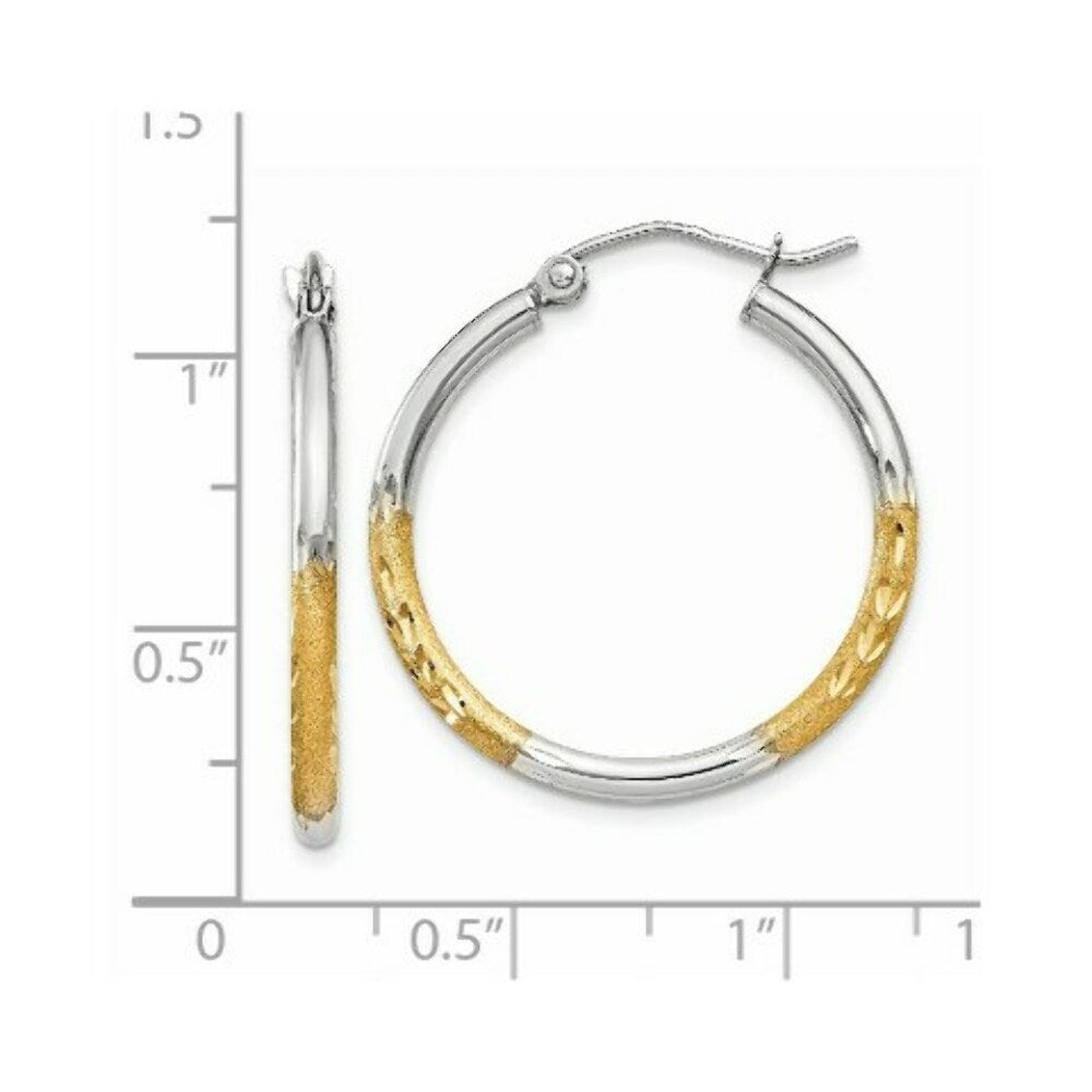14K Yellow Gold & Rhodium 2mm Satin & Diamond-cut Hoop Earrings 20mm length