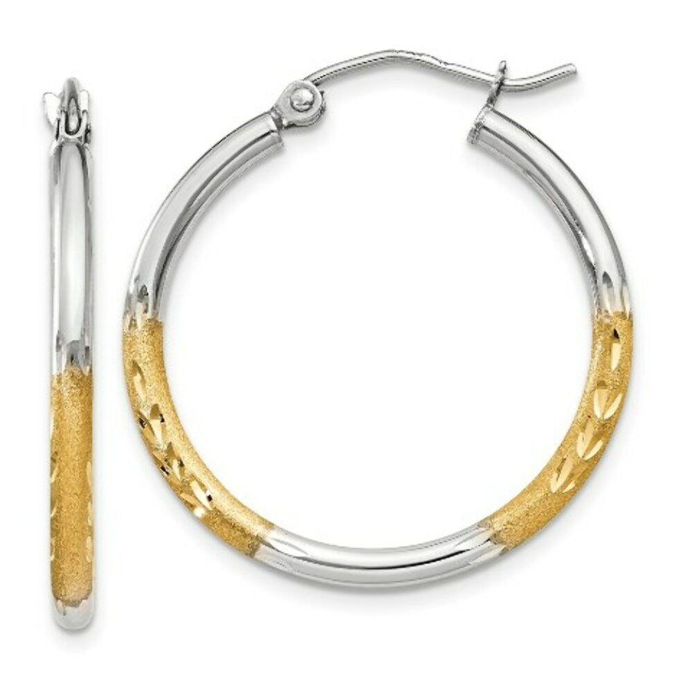 14K Yellow Gold & Rhodium 2mm Satin & Diamond-cut Hoop Earrings 20mm length