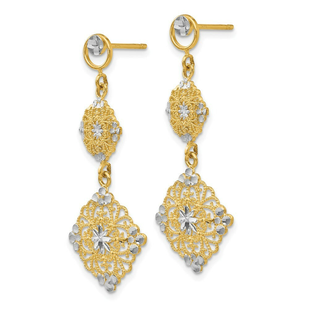 14K Yellow Gold Rhodium Diamond-cut Filigree Dangle Earrings