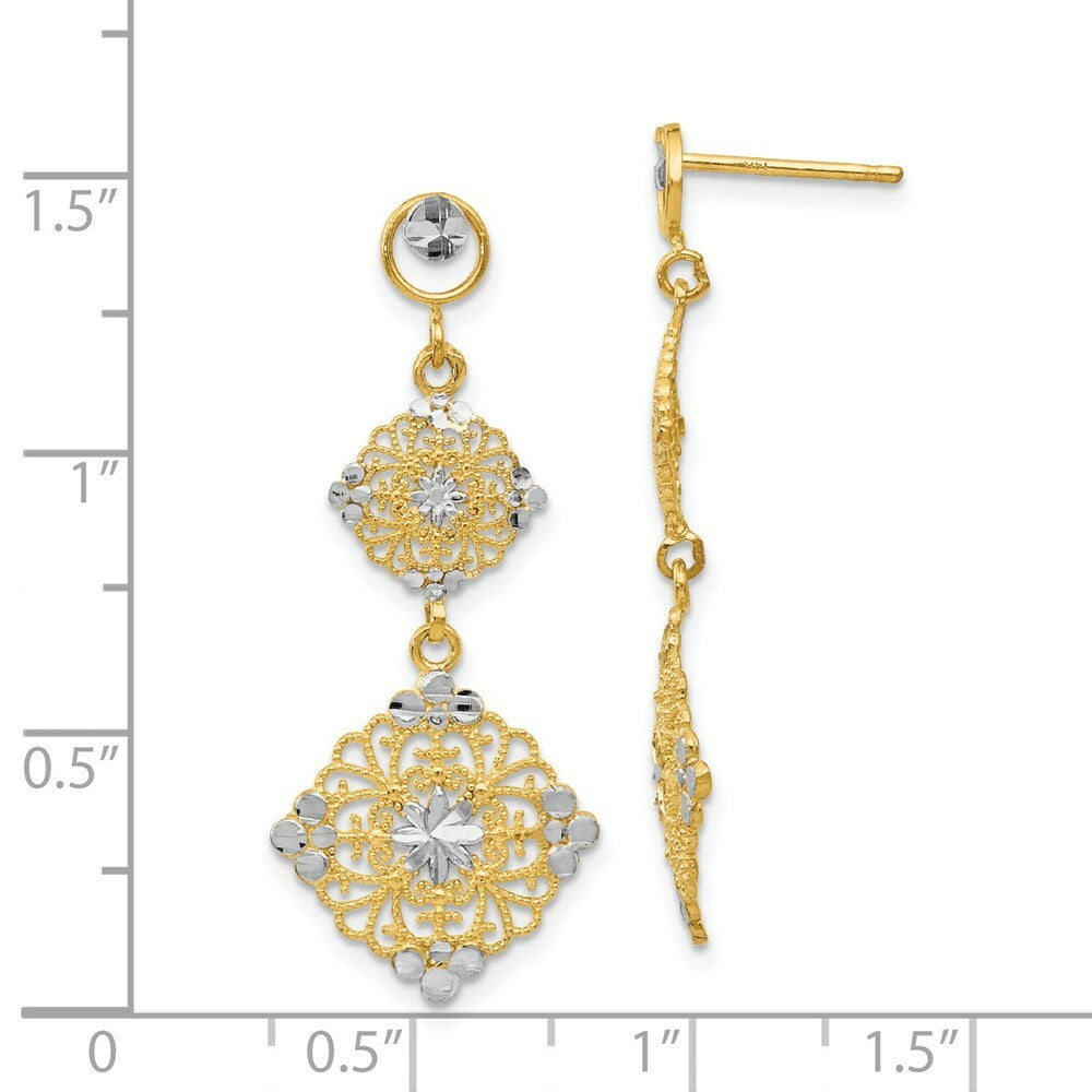 14K Yellow Gold Rhodium Diamond-cut Filigree Dangle Earrings