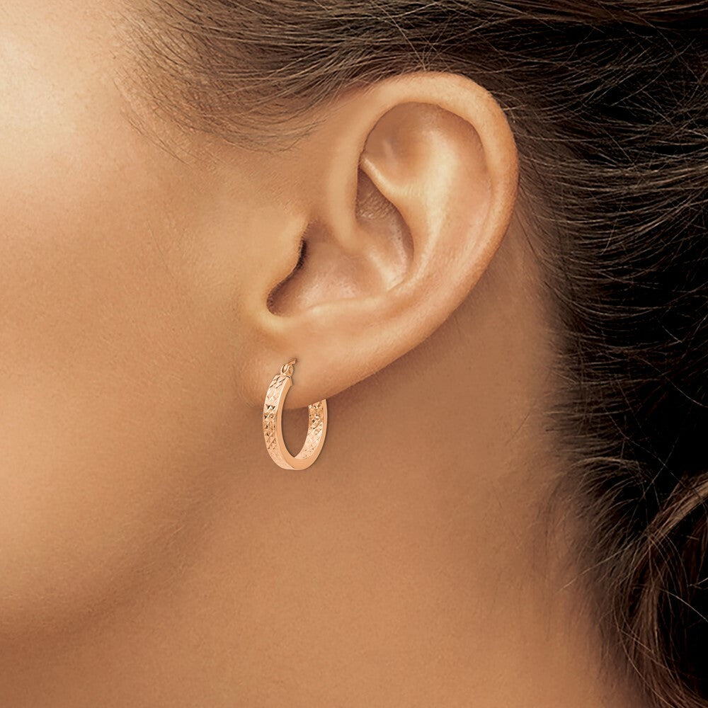 14K Rose Gold Diamond cut In and Out Hoop Earrings  17mm length
