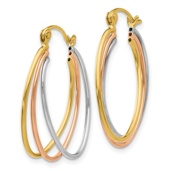 14K Yellow Gold Tri Color Hoop Earrings  12mm length