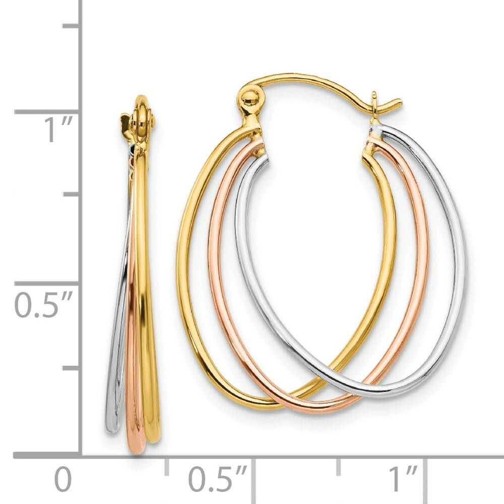 14K Yellow Gold Tri Color Hoop Earrings  12mm length