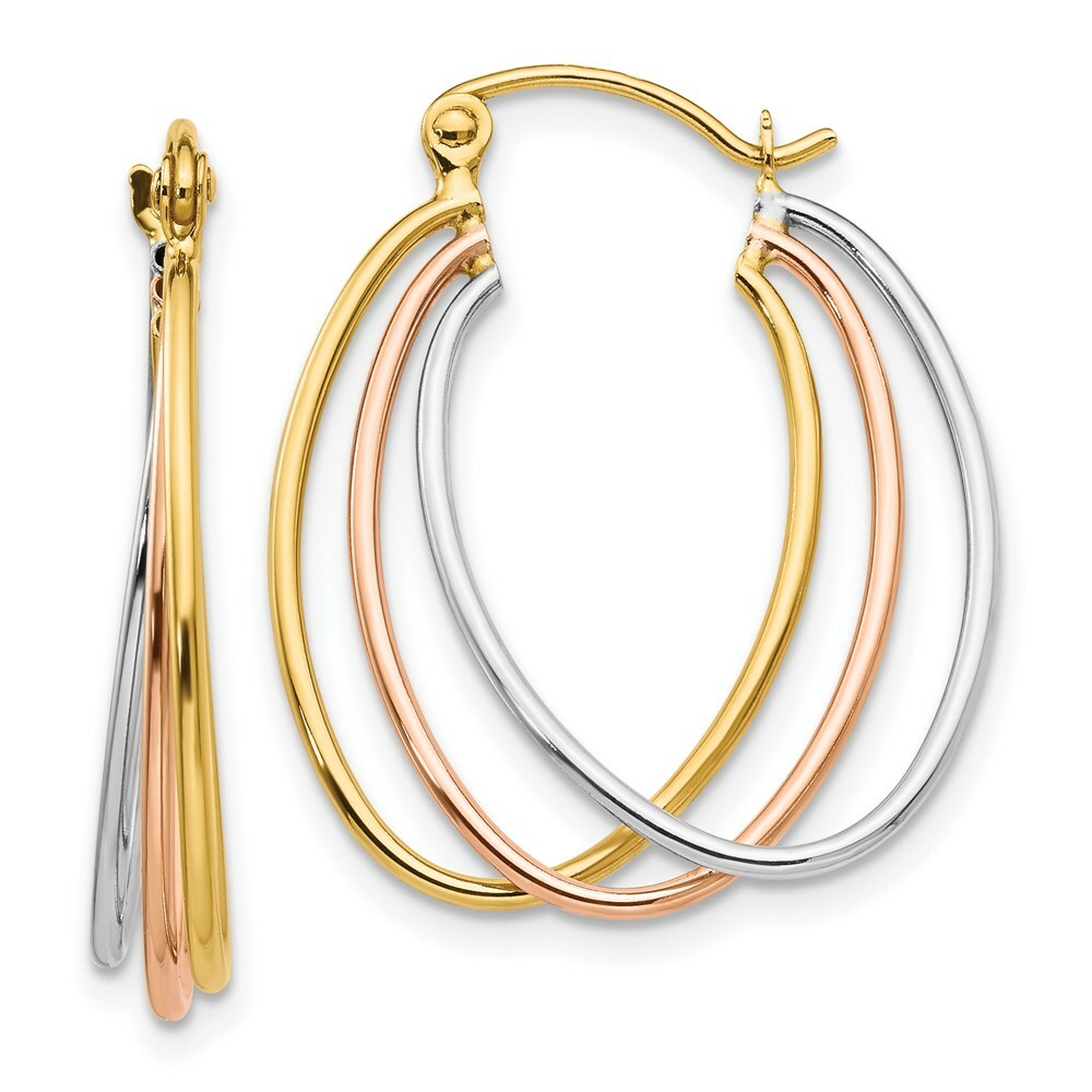 14K Yellow Gold Tri Color Hoop Earrings  12mm length