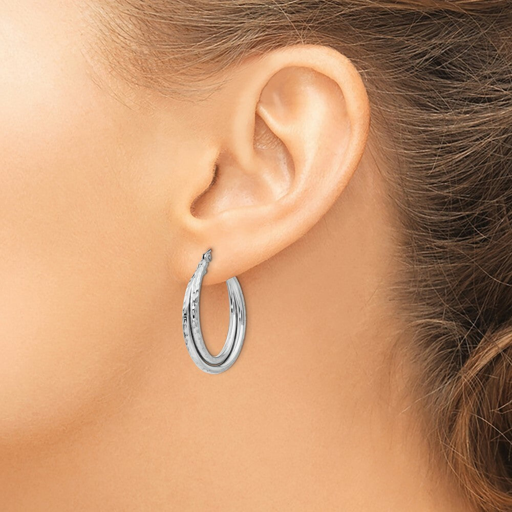 14K White Gold Diamond-cut Polished Oval Hoop Earring 17mm length