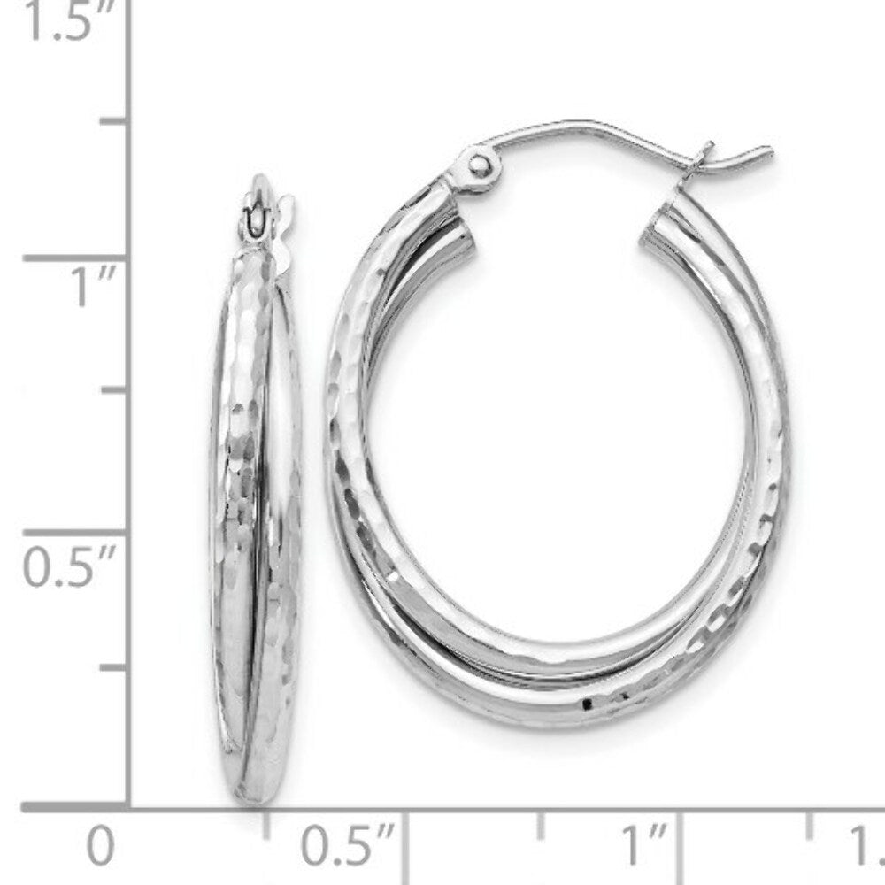 14K White Gold Diamond-cut Polished Oval Hoop Earring 17mm length