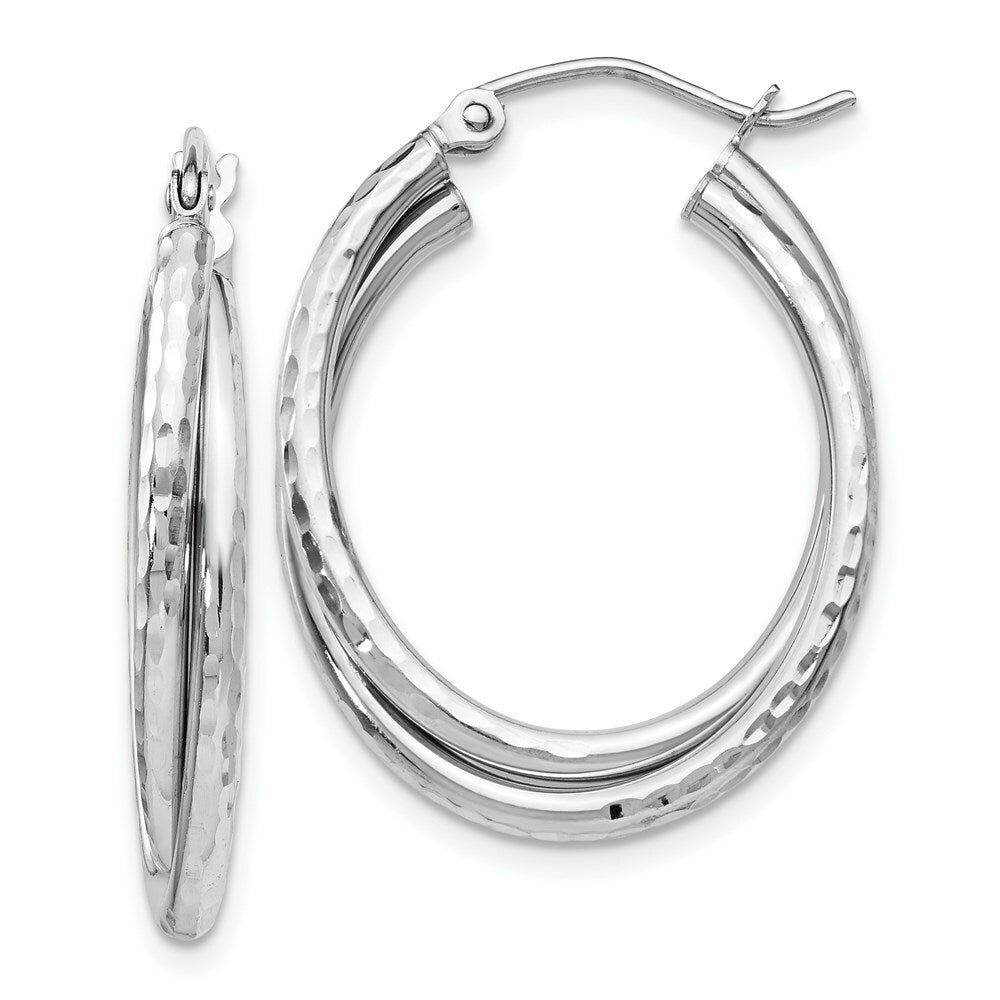 14K White Gold Diamond-cut Polished Oval Hoop Earring 17mm length