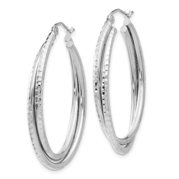 14K White Gold Diamond-cut Polished Oval Hoop Earring 22mm length