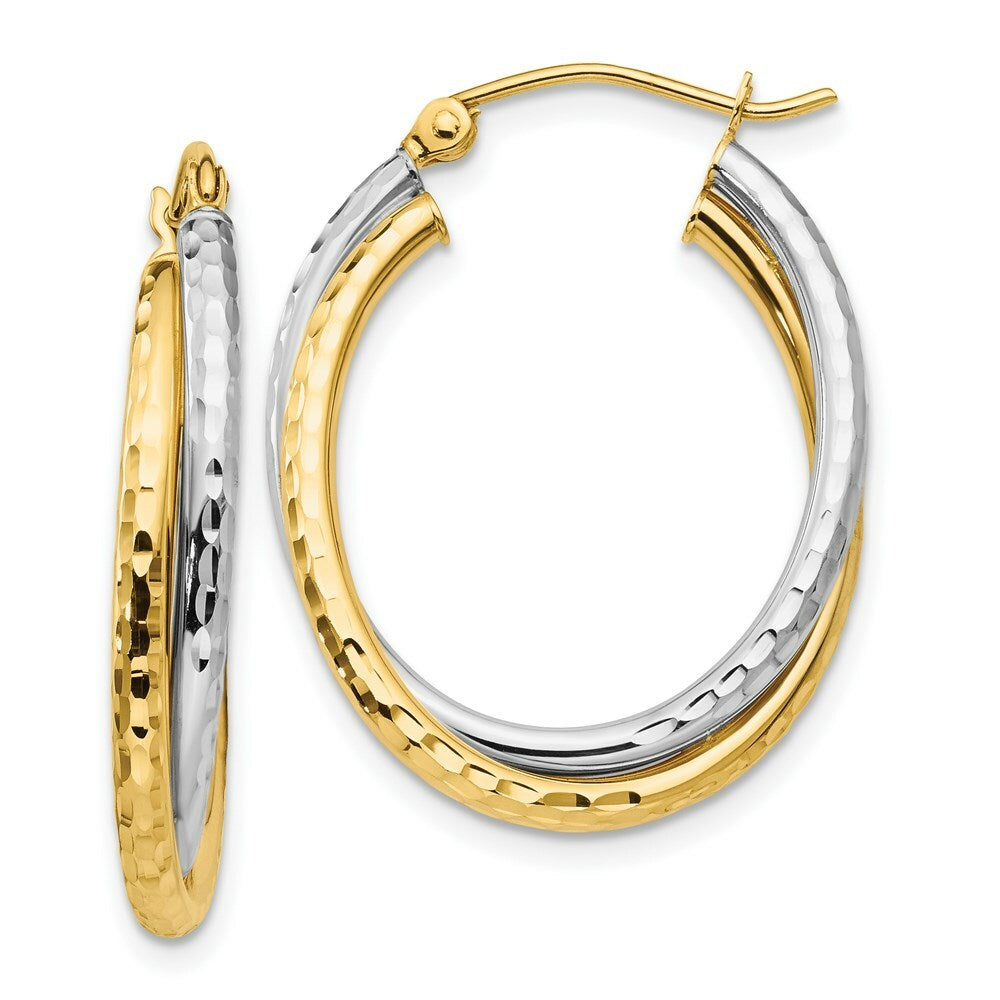 14K Two-tone Gold Diamond-cut Polished Oval Hoop Earring  17mm length
