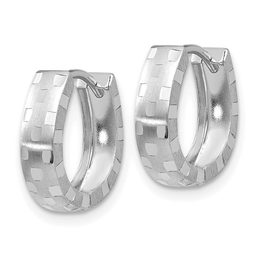 14K White Gold Diamond Cut 4mm Patterned Hinged Hoop Earrings 14mm length