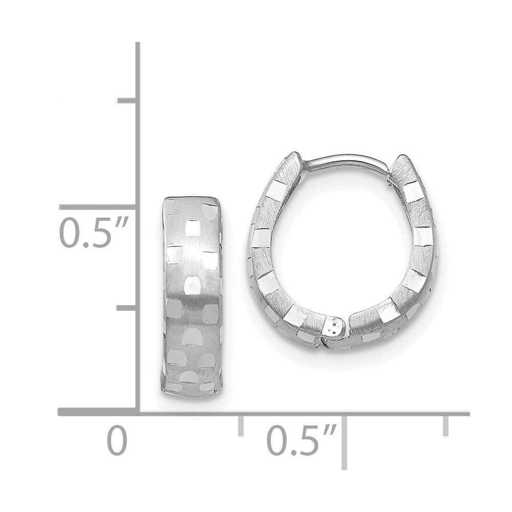 14K White Gold Diamond Cut 4mm Patterned Hinged Hoop Earrings 14mm length