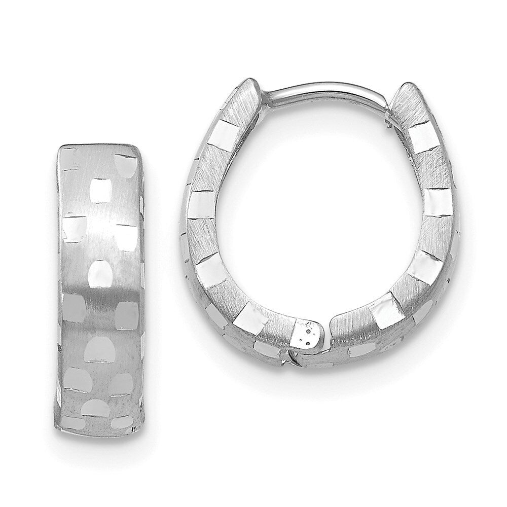 14K White Gold Diamond Cut 4mm Patterned Hinged Hoop Earrings 14mm length