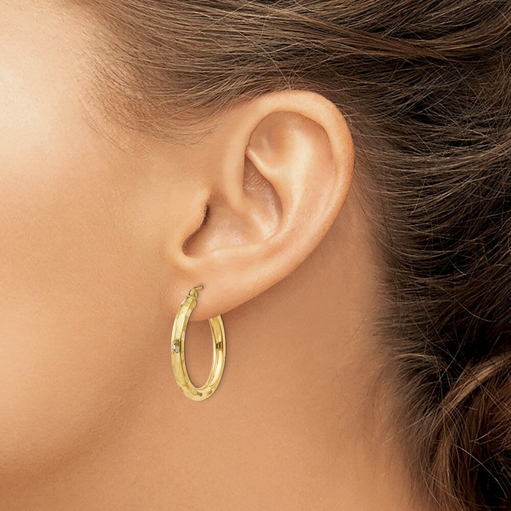 14K Yellow Gold Textured Hoop Earrings 25mm length