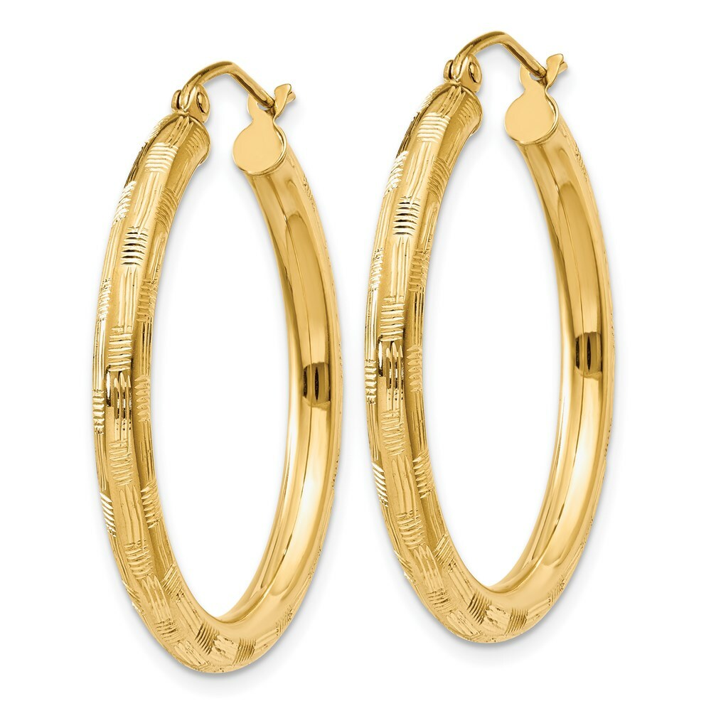 14K Yellow Gold Textured Hoop Earrings 30mm length