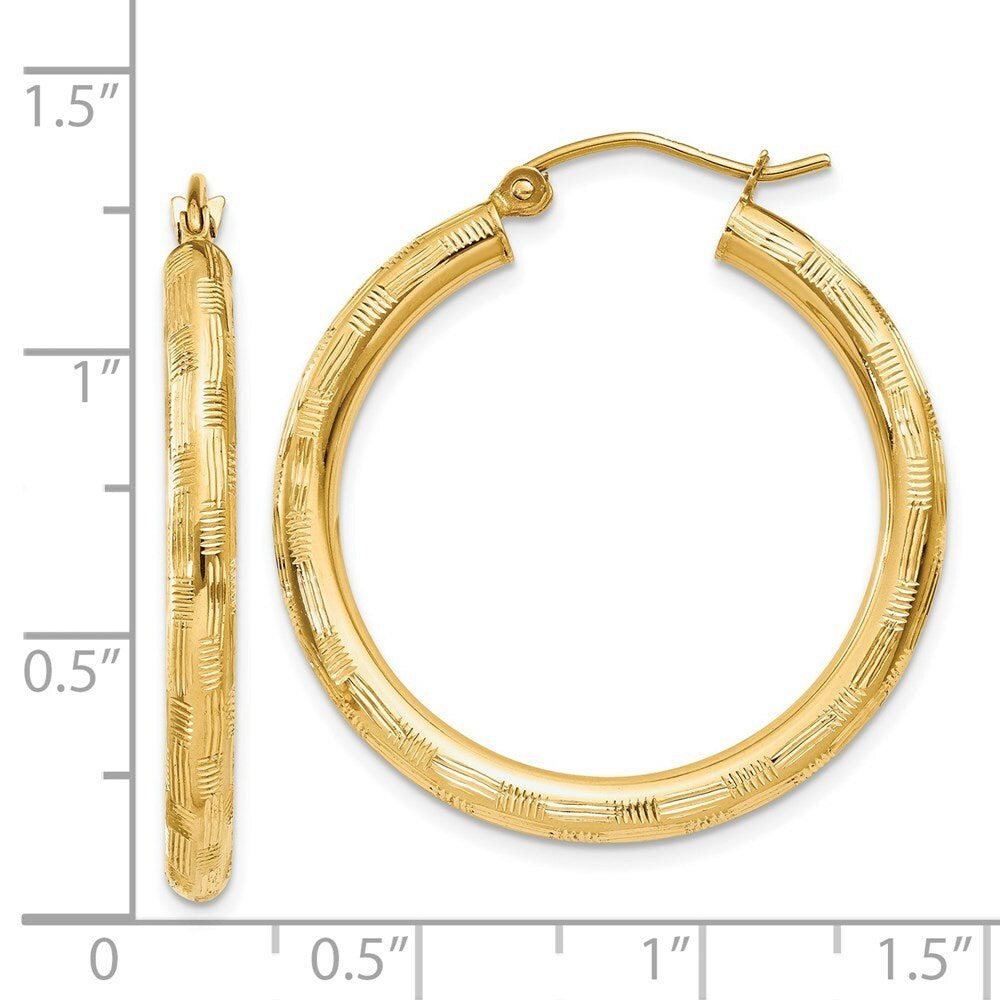 14K Yellow Gold Textured Hoop Earrings 30mm length
