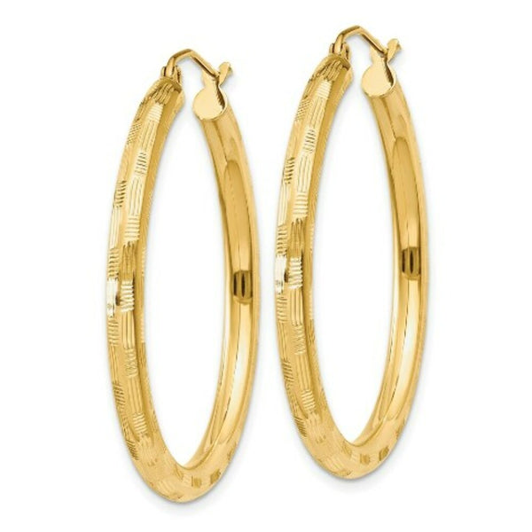 14K Yellow Gold Textured Hoop Earrings 35mm length