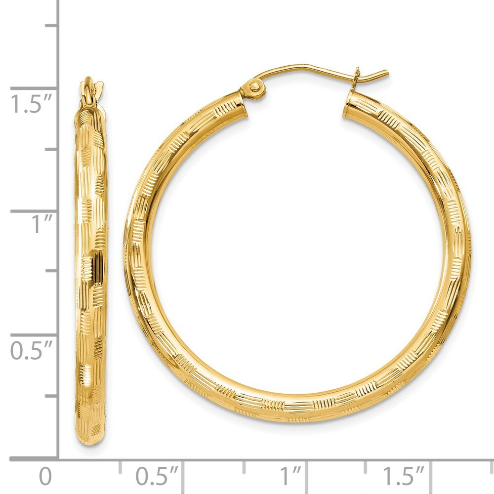 14K Yellow Gold Textured Hoop Earrings 35mm length