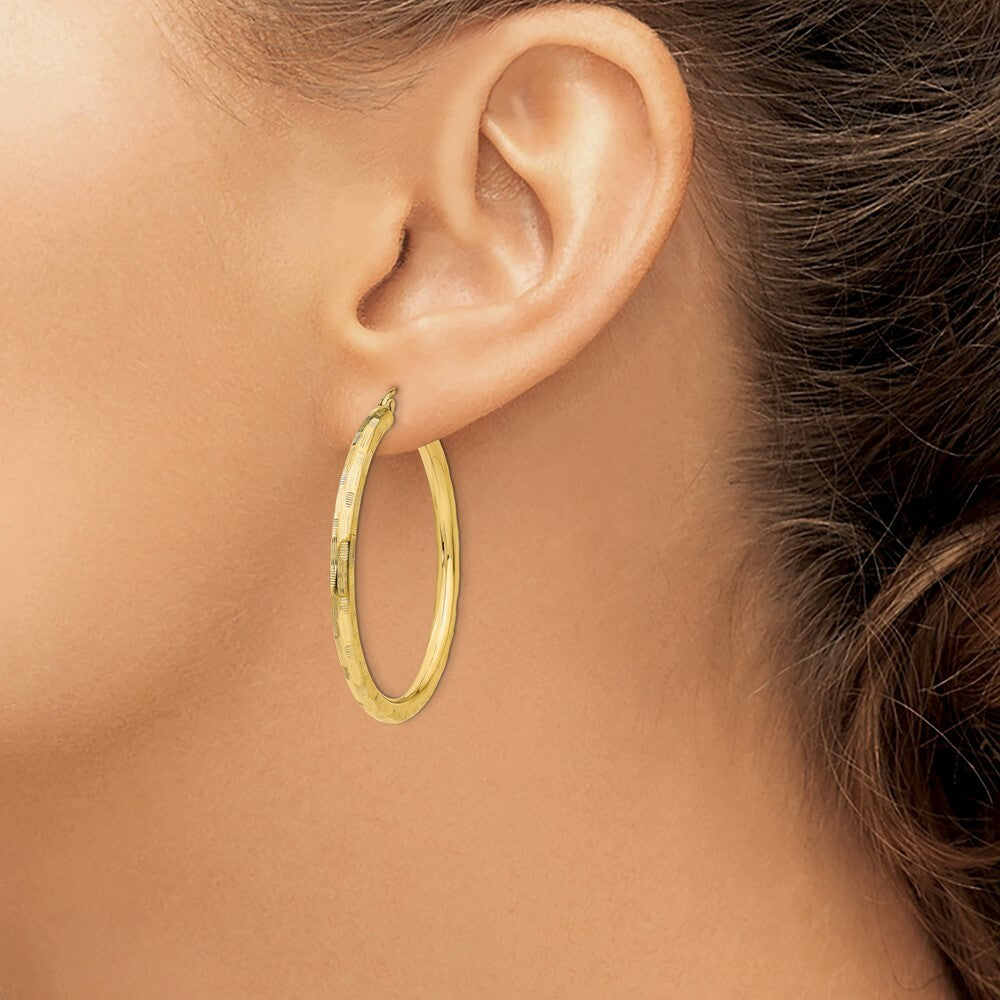 14K Yellow Gold Textured Hoop Earrings 40mm length