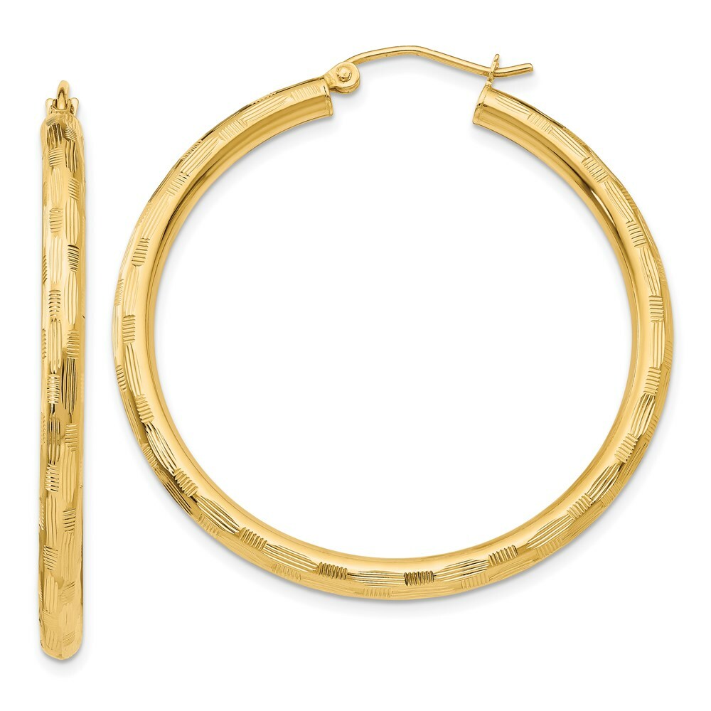 14K Yellow Gold Textured Hoop Earrings 40mm length