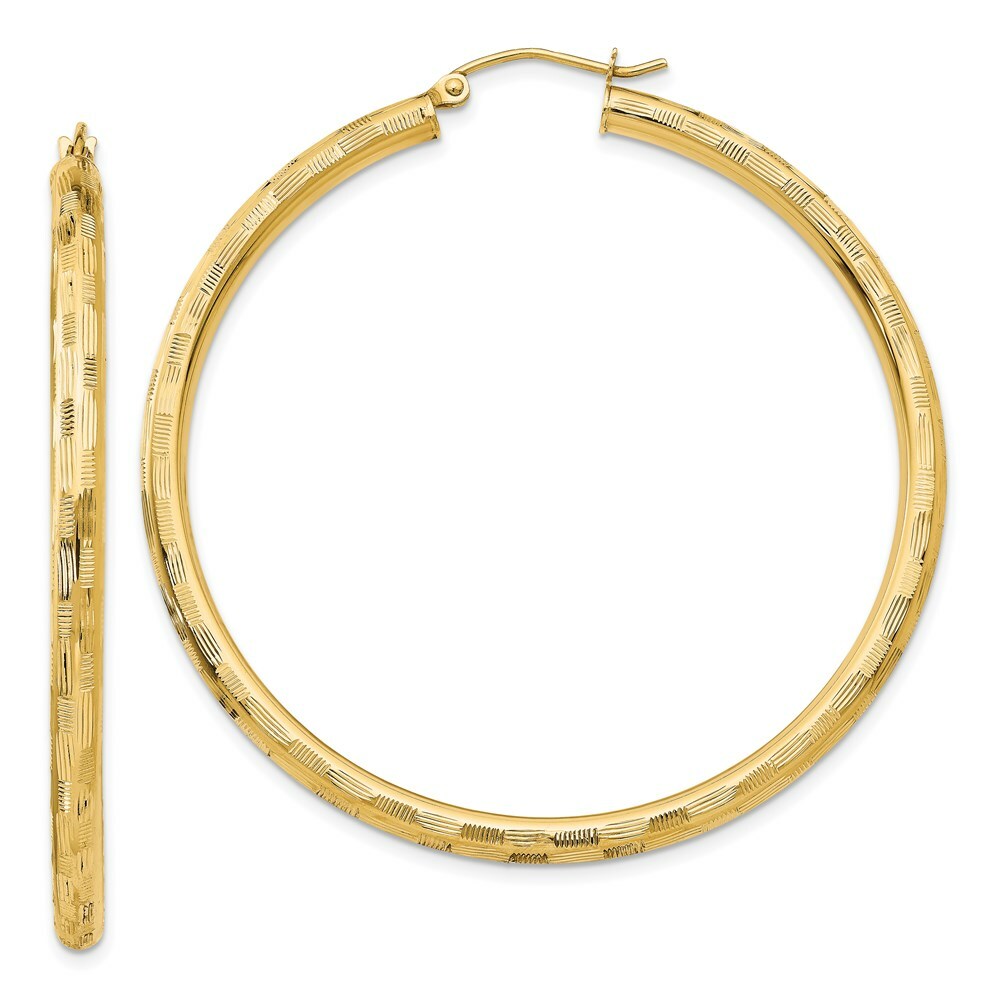 14K Yellow Gold Textured Hoop Earrings 50mm length