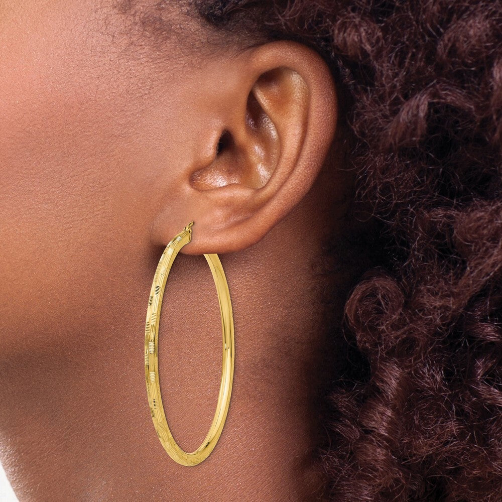 14K Yellow Gold Textured Hoop Earrings 55mm length