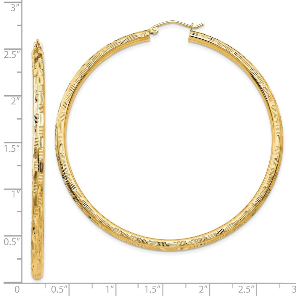 14K Yellow Gold Textured Hoop Earrings 60mm length