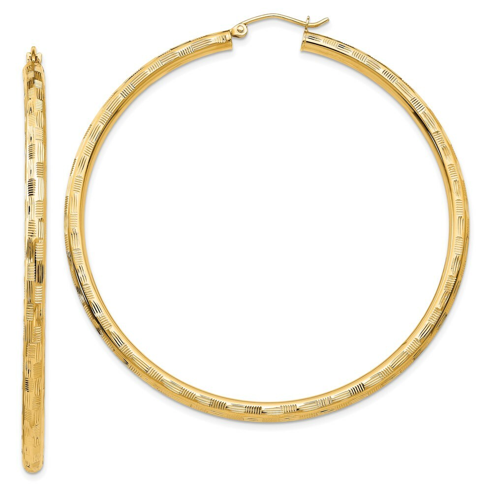 14K Yellow Gold Textured Hoop Earrings 60mm length