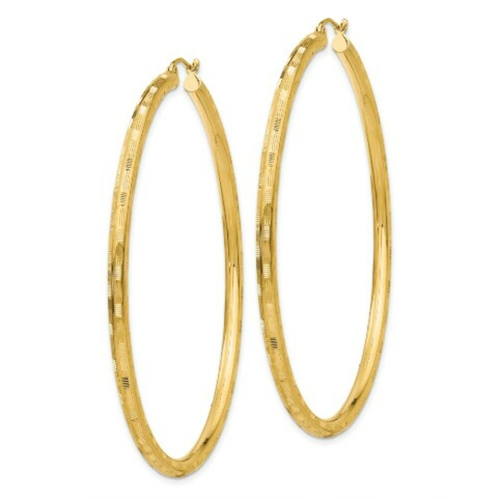 14K Yellow Gold Textured Hoop Earrings 65mm length