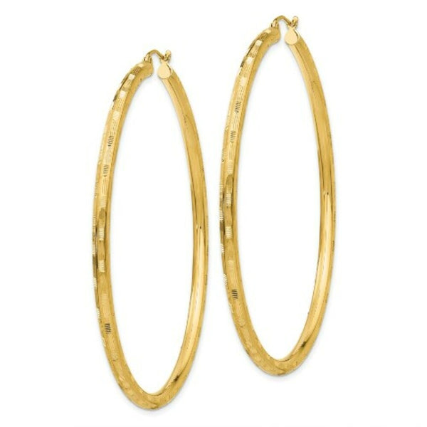 14K Yellow Gold Textured Hoop Earrings 65mm length