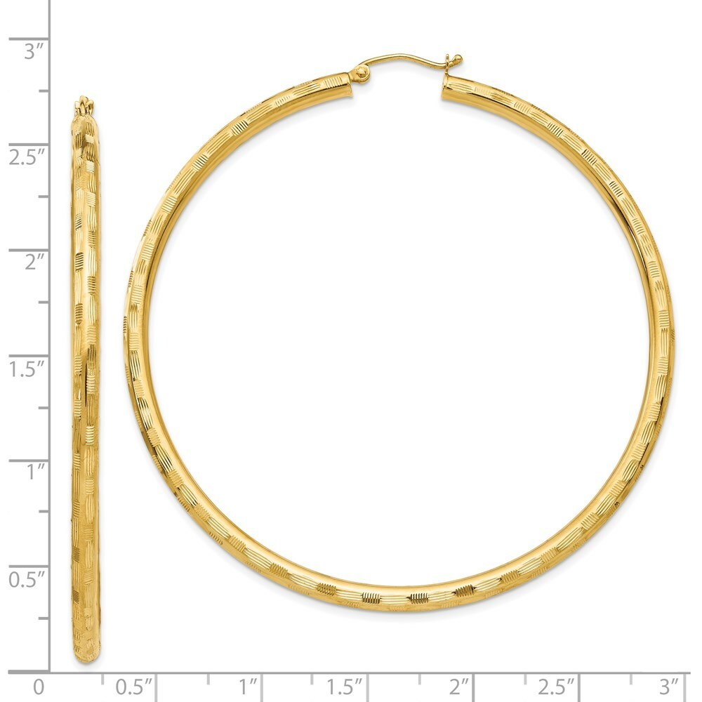 14K Yellow Gold Textured Hoop Earrings 65mm length