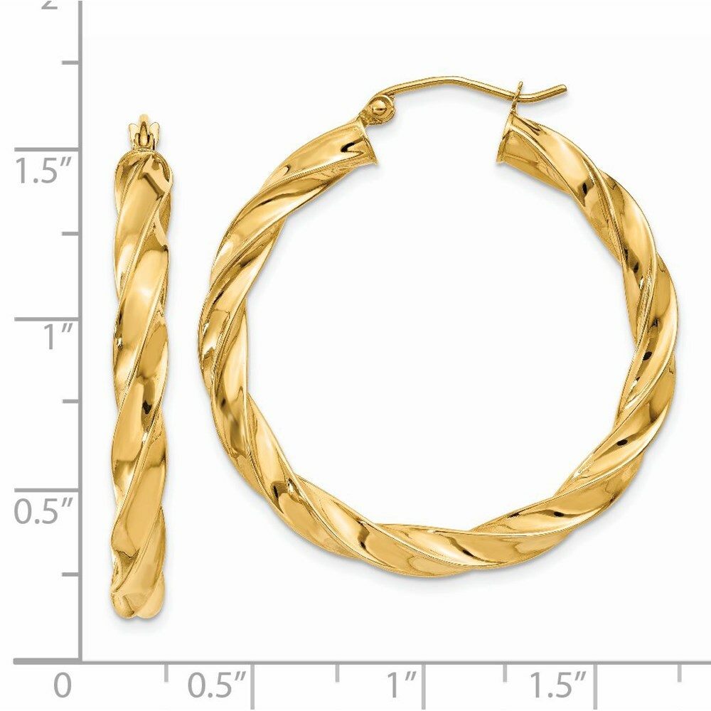 14K Yellow Gold Light Twisted Hoop Earrings  38mm length