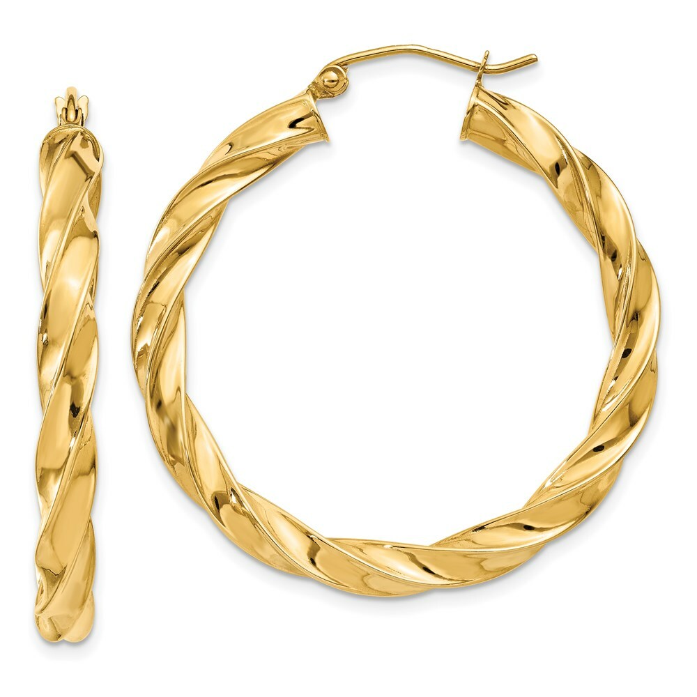 14K Yellow Gold Light Twisted Hoop Earrings  38mm length