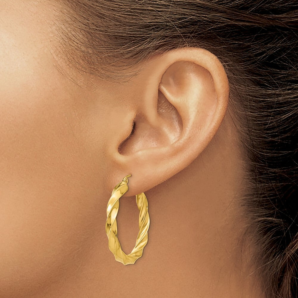 14K Yellow Gold Light Twisted Hoop Earrings  31mm length