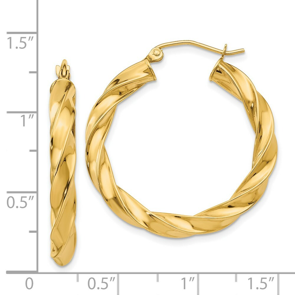 14K Yellow Gold Light Twisted Hoop Earrings  31mm length