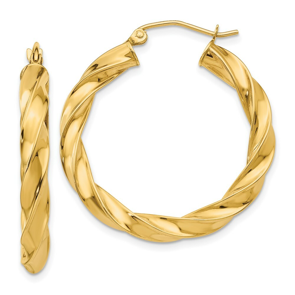 14K Yellow Gold Light Twisted Hoop Earrings  31mm length